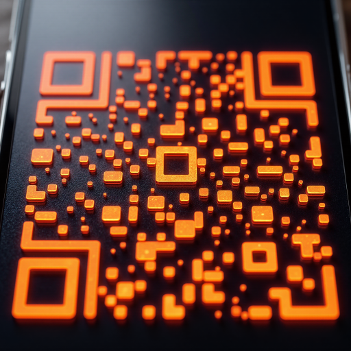 小程序二维码，黑色边框正方形图案，白色背景，中心有购物车图标，周围环绕橙色圆形装饰点