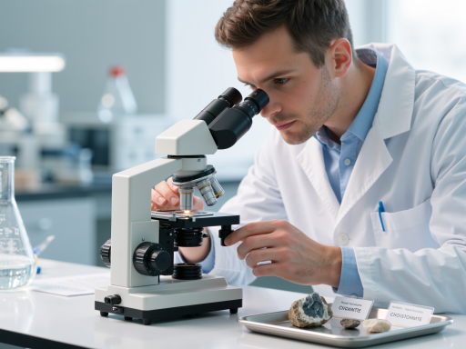 中年男性质检员在实验室检查食品样品，穿着白大褂，使用显微镜设备，专业实验室背景