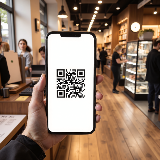 大型微信公众号二维码，黑色边框正方形图案，白色背景，中心有微信标识，周围环绕绿色叶子装饰元素